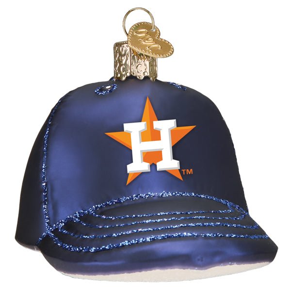 Front of the Houston Astros baseball cap ornament, a navy glass cap with the orange star H logo and glittered brim, on white