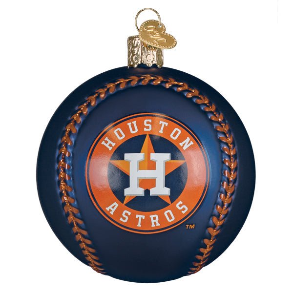Front of the Houston Astros baseball ornament, a navy glass ball with orange stitching and the round Astros logo, on white