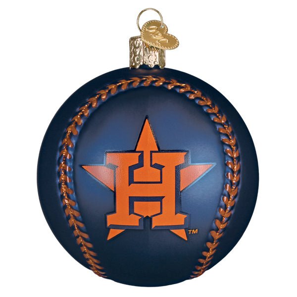 Back of the Astros baseball ornament showing the orange star H logo on navy, on white