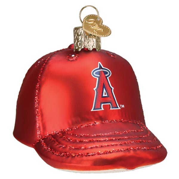 Front of the Los Angeles Angels baseball cap ornament, a red glass cap with the haloed A logo and glittered brim, on white