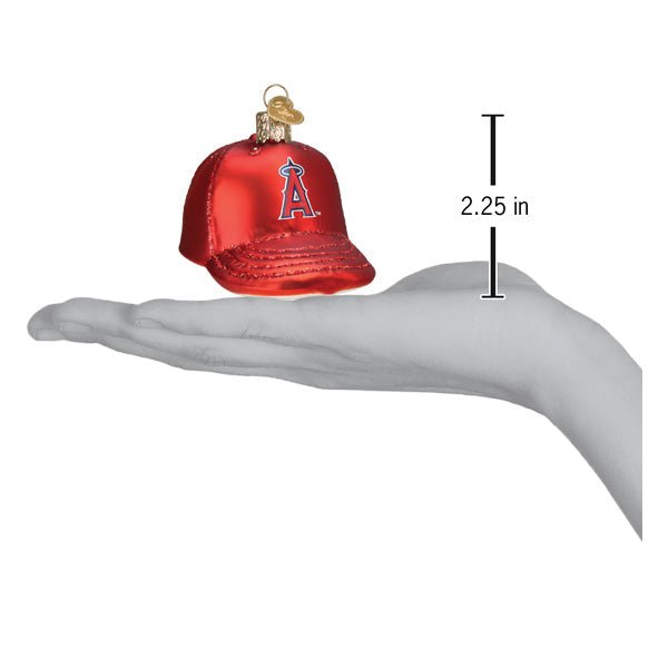 Angels baseball cap ornament resting on an open palm beside a 2.25 inch height marker