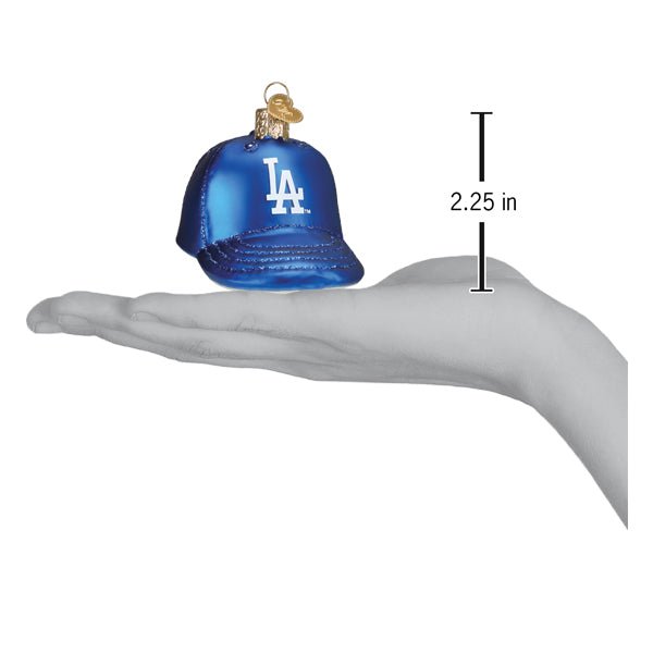 Dodgers baseball cap ornament resting on an open palm beside a 2.25 inch height marker