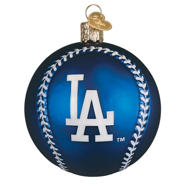 Front of the Los Angeles Dodgers baseball ornament, royal blue glass ball with a white LA logo and white stitching, on white