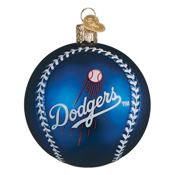 Back of the Dodgers baseball ornament showing the white Dodgers script and a red ball trail, on white