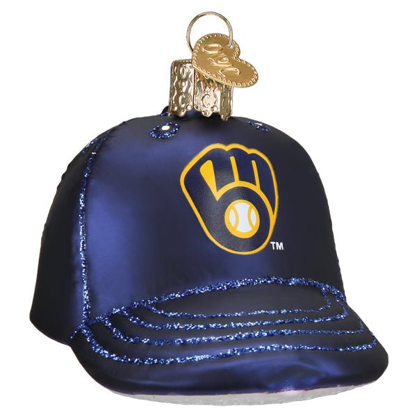 Milwaukee Brewers baseball cap ornament, navy with the gold ball-in-glove logo and blue glitter brim, front view on white