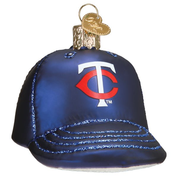 Minnesota Twins baseball cap ornament, navy with the red and white TC logo, glittered brim, front view on white