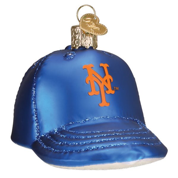 New York Mets baseball cap ornament, royal blue with an orange NY logo, glittered brim, front view on white