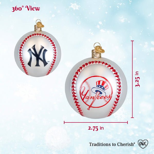360 view chart of the Yankees baseball ornament from front and back, marked 3.25 inches tall and 2.75 inches wide