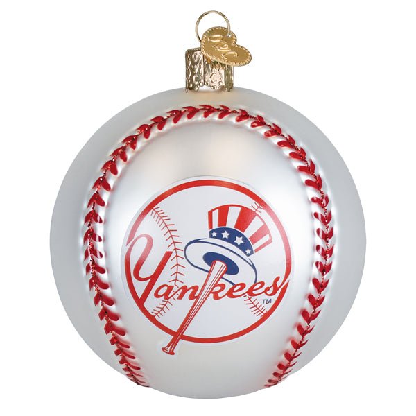 Front of the New York Yankees baseball ornament, a white glass ball with red stitching and the top hat Yankees logo, on white