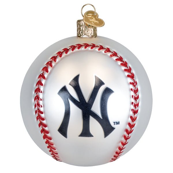 Back of the Yankees baseball ornament showing the navy interlocking NY logo, on white