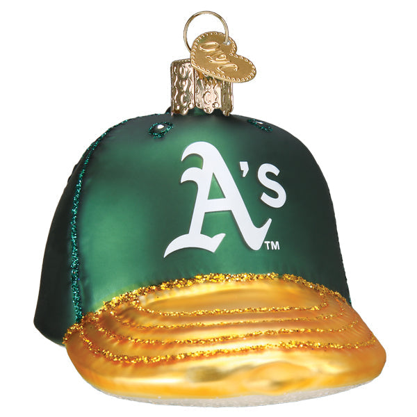 Athletics baseball cap ornament, green and gold with the white A's logo, glittered brim, front view on white