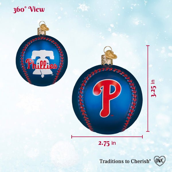 360 view chart of the Phillies baseball ornament from front and back, marked 3.25 inches tall and 2.75 inches wide