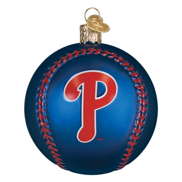 Front of the Philadelphia Phillies baseball ornament, a blue glass ball with red stitching and red script P, on white