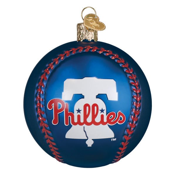 Back of the Phillies baseball ornament showing the white Liberty Bell logo with red Phillies script, on white