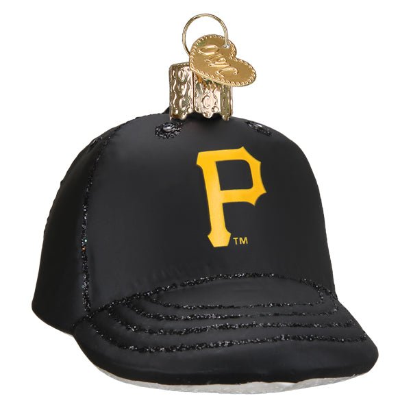 Pittsburgh Pirates baseball cap ornament, black with the gold P logo, glittered brim, front view on white
