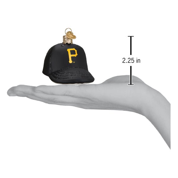Pirates baseball cap ornament resting on an open palm beside a 2.25 inch height marker