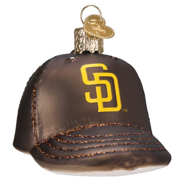 San Diego Padres baseball cap ornament, brown with the gold SD logo, glittered brim, front view on white