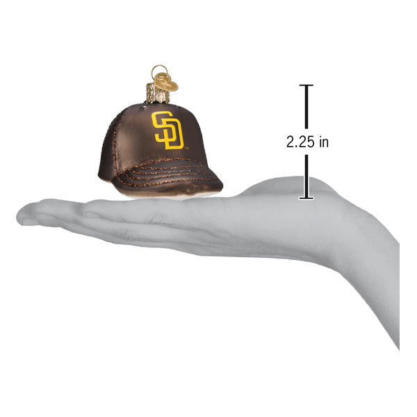Padres baseball cap ornament resting on an open palm beside a 2.25 inch height marker