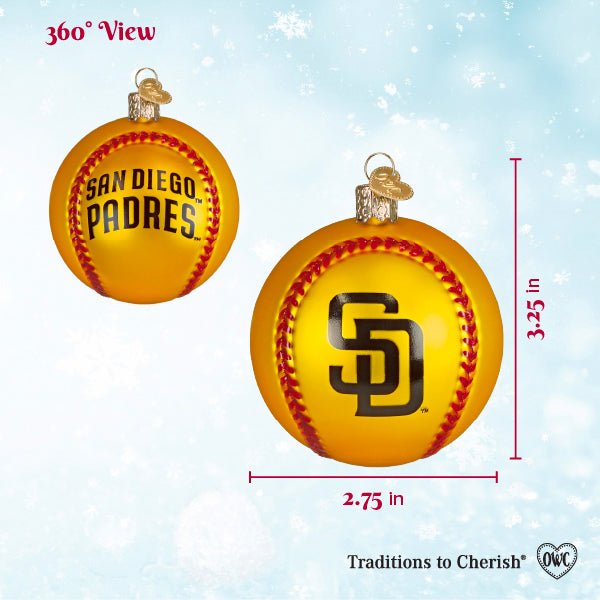 360 view chart of the Padres baseball ornament from front and back, marked 3.25 inches tall and 2.75 inches wide