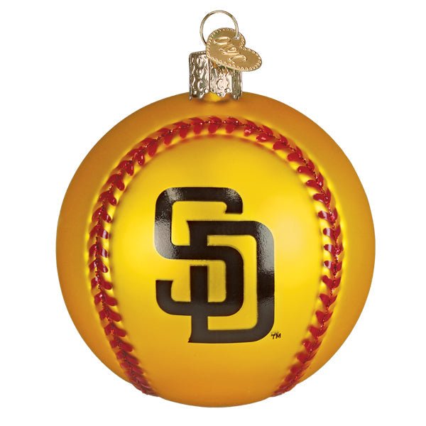 Front of the San Diego Padres baseball ornament, a gold glass ball with red stitching and the brown SD logo, on white