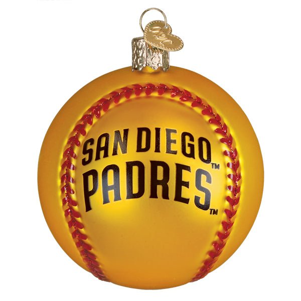 Back of the Padres baseball ornament showing the brown San Diego Padres wordmark, on white