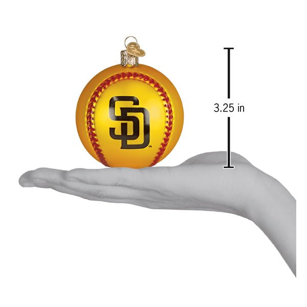 Padres baseball ornament resting on an open palm beside a 3.25 inch height marker