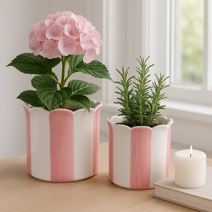 Planters Set of 2 - Pink Ceramic Striped Scallop, 6/8 in. Sagebrook Home Planters Set of 2 - Pink Ceramic Striped Scallop, 6/8 in. Bonjour Fete - Party Supplies