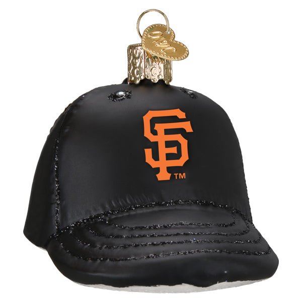 San Francisco Giants baseball cap ornament, black with the orange SF logo, glittered brim, front view on white