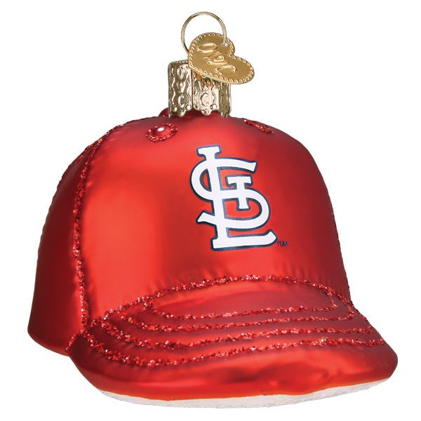 St. Louis Cardinals baseball cap ornament, red with the white STL logo, glittered brim, front view on white