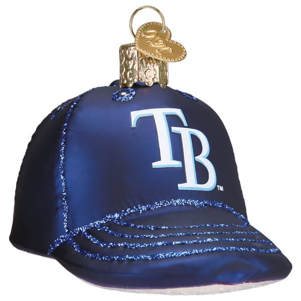 Tampa Bay Rays baseball cap ornament, navy with the white TB logo, glittered brim, front view on white