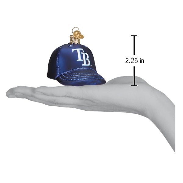 Rays baseball cap ornament resting on an open palm beside a 2.25 inch height marker