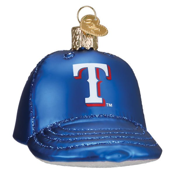 Front of the Texas Rangers baseball cap ornament, a royal blue glass cap with the white T logo outlined in red, on white