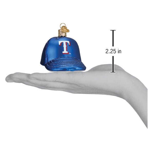 Rangers baseball cap ornament resting on an open palm beside a 2.25 inch height marker