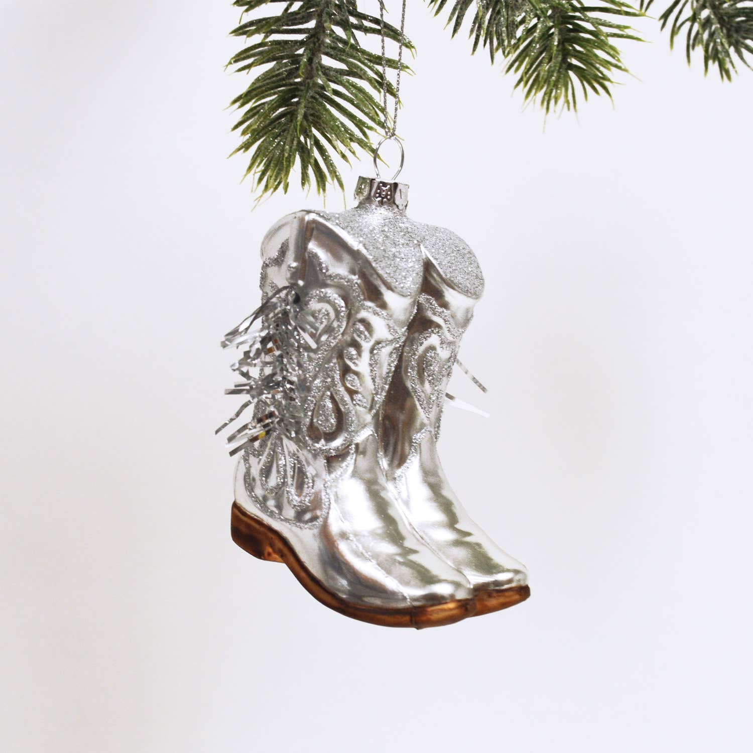 Silver Cowgirl Boot Glass Ornament