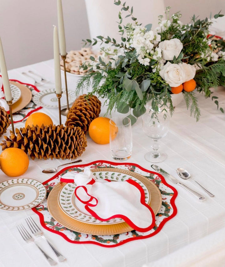 Rosebud Red Holiday Wreath scalloped placemat, a Christmas table linen