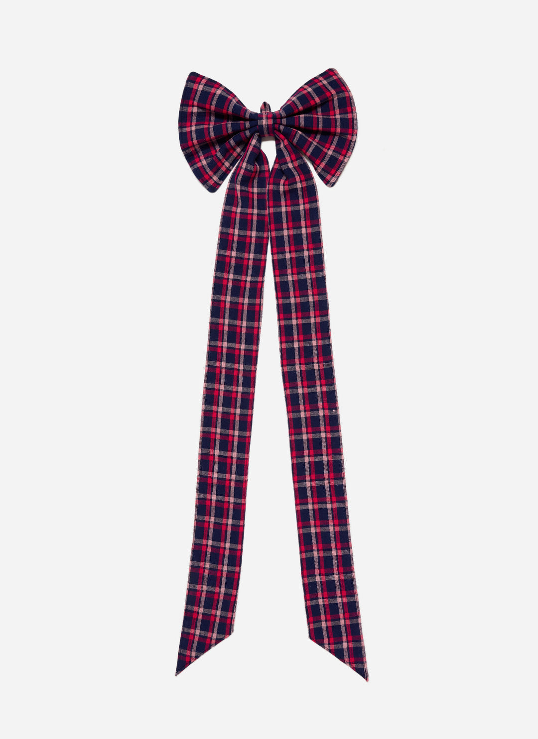 Alexandra plaid navy fabric bow with pink and red stripes and long tails, 30 inches tall