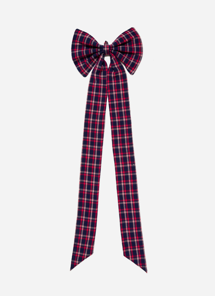 Alexandra plaid navy fabric bow with pink and red stripes and long tails, 30 inches tall
