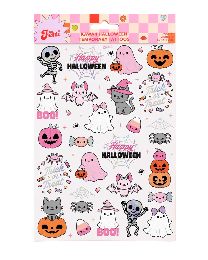 A sheet of Feii Kawaii Halloween temporary tattoos featuring cute cartoon ghosts, skeletons, pumpkins, bats, spiders, and phrases like 'Happy Halloween' and 'Trick or treat' in pink, orange, gray, and black outlines on a white sheet.