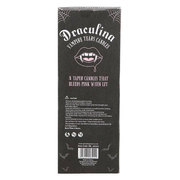 Back of the Draculina vampire tears box with fanged lips art and candle care details for a spooky soiree