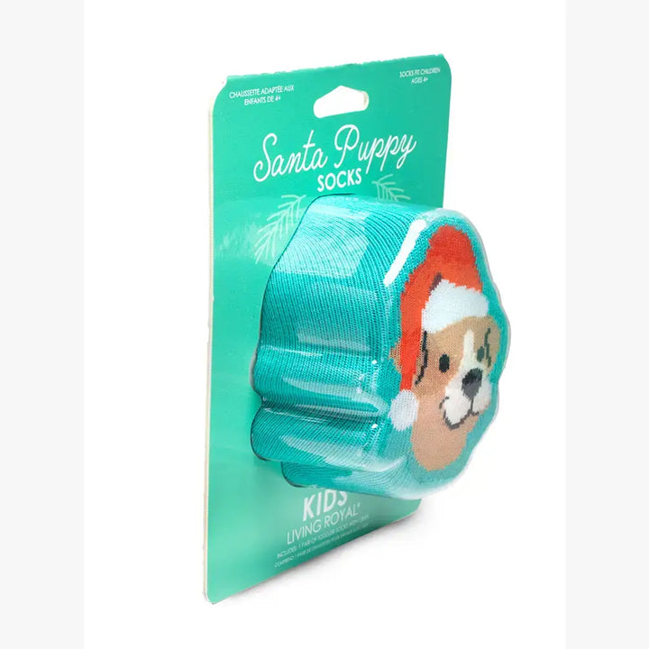 3D Packaged Crew Socks - Kids - Holiday - Santa Puppy -Teal Living Royal Bonjour Fete - Party Supplies