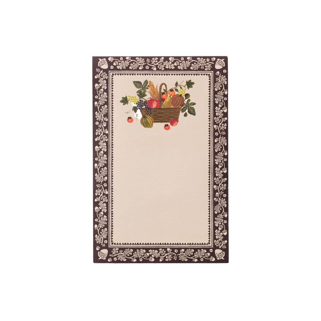 Harvest notepad with brown acorn border and autumn fruit basket illustration for fall lists and Thanksgiving planning