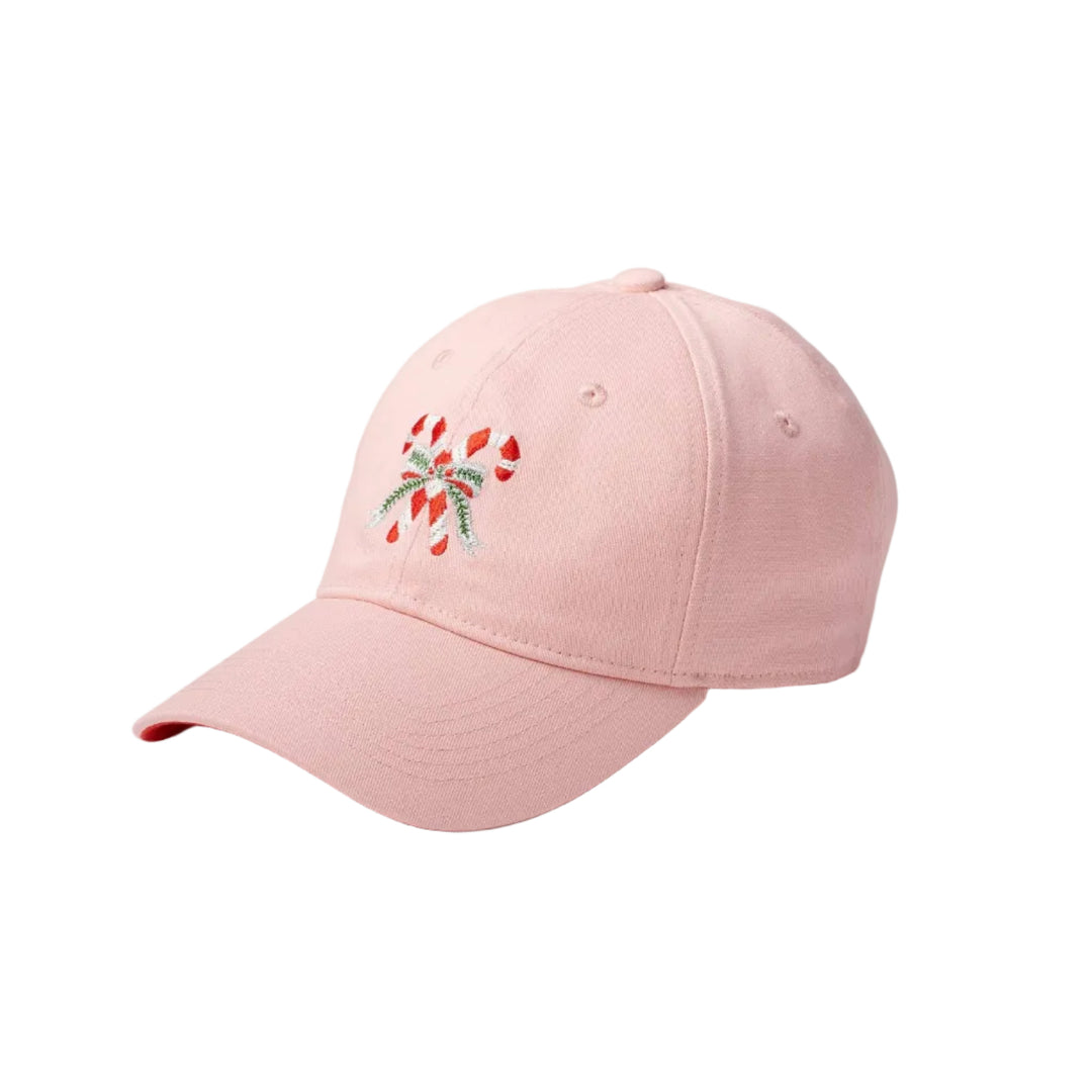 Light pink cotton baseball cap embroidered with crossed candy canes and greenery for festive Christmas outfits