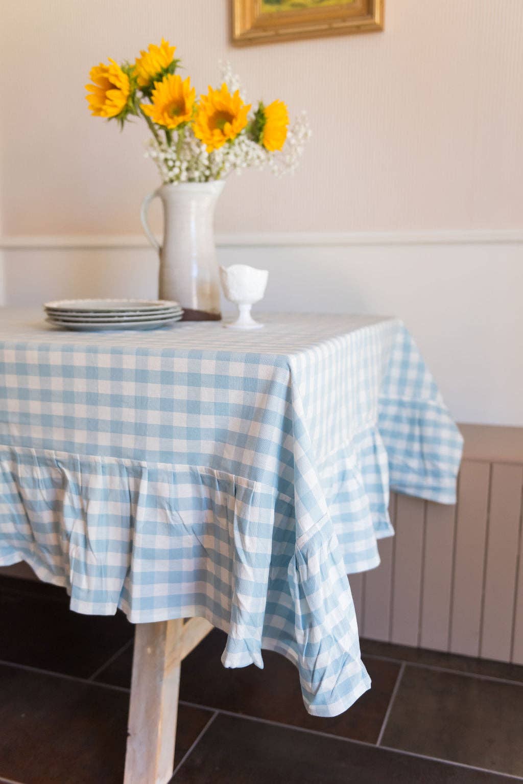 Blue Ruffled Gingham Tablecloth: 60" x 90" Galley and Fen Blue Ruffled Gingham Tablecloth: 60" x 90" Bonjour Fete - Party Supplies