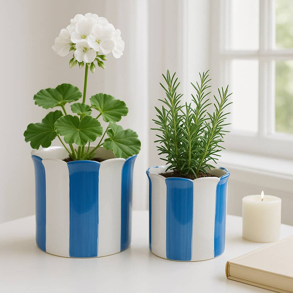 Planters Set of 2 - Blue Ceramic Striped Scallop, 6/8 in. Sagebrook Home Planters Set of 2 - Blue Ceramic Striped Scallop, 6/8 in. Bonjour Fete - Party Supplies