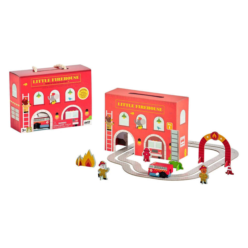 FIREHOUSE WIND UP AND GO PLAYSET Petit Collage Toys FIREHOUSE WIND UP AND GO PLAYSET Bonjour Fete - Party Supplies