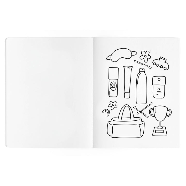 Coloring page of dance bag essentials including a trophy and hair pins from the dance coloring book