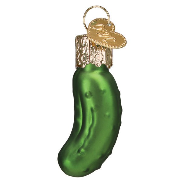 Other side of the mini pickle ornament curving the opposite way, on white