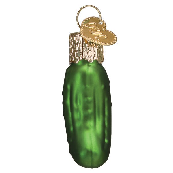 Straight-on view of the mini pickle ornament showing its bumpy green texture