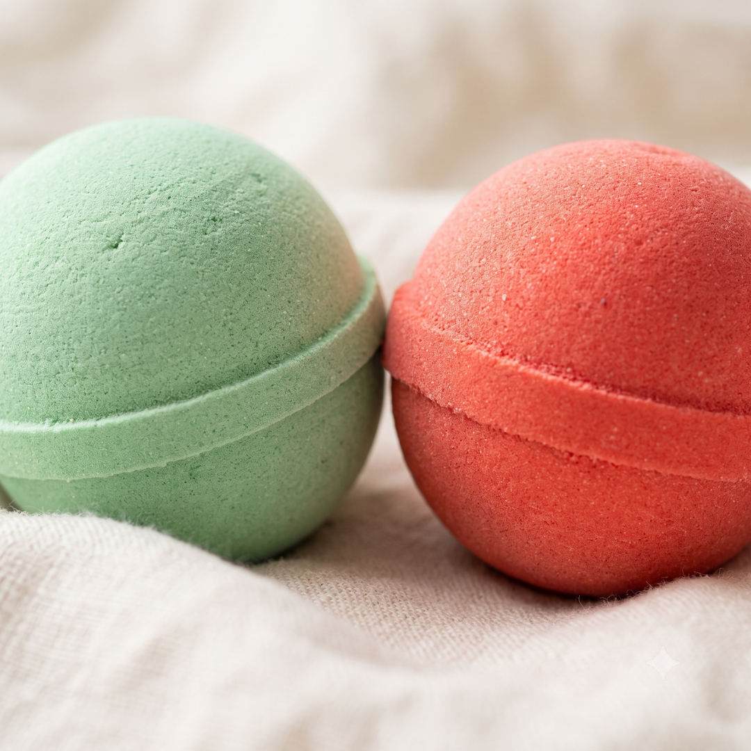 Close-up of sage green and coral mini bath bombs side by side, a festive pair for a holiday bath
