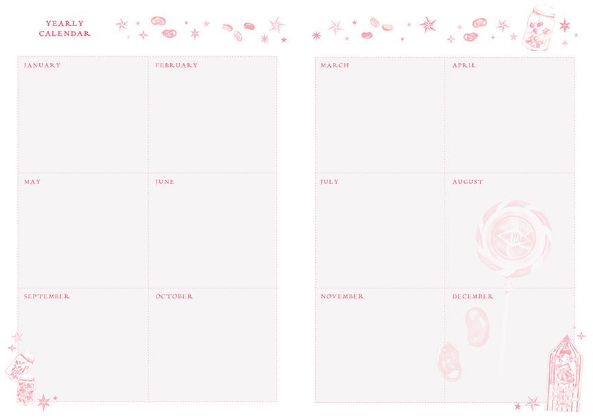 Harry Potter Honeydukes planner notebook by Insight Editions shown open to a dotted page with candy illustrations, set of three
